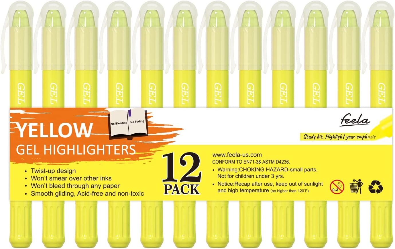 feela 12 Pack Yellow Gel Bible Highlighters Markers Journaling Supplies, No Bleed Through For Highlighting Journal School Office
