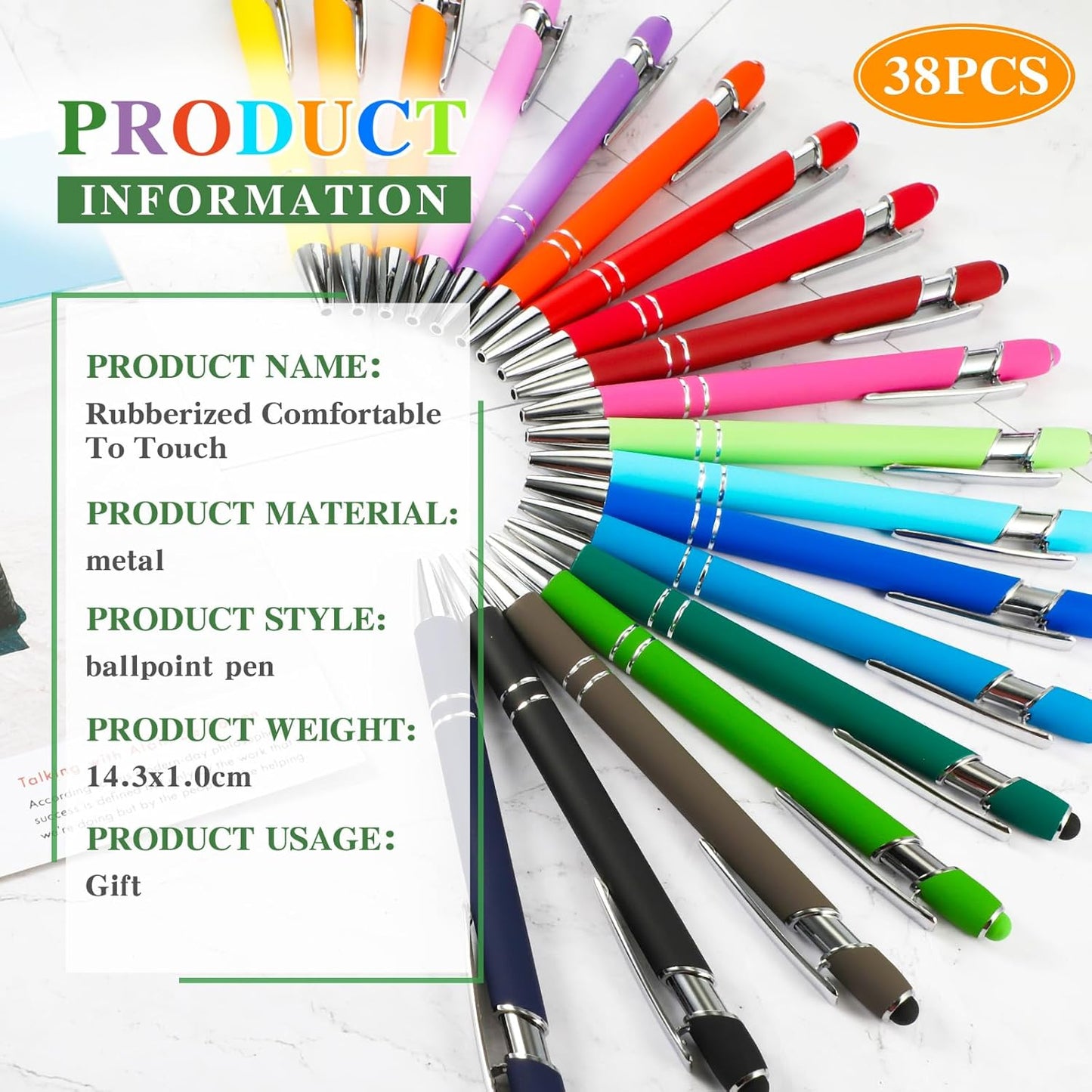 Zonon 38 Pieces Rubberized Ballpoint Pen with Stylus Tip Stylish Metal Pen Capacitive Styli with Soft Rubberized Grip, Black Ink for Most Devices(Assorted Colors)