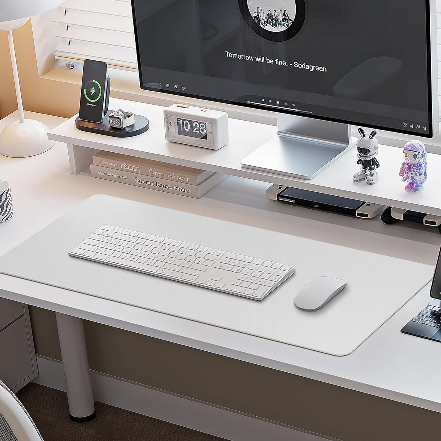 Boutilon Leather Desk Pad Protector,Non-Slip Mouse Pad,Laptop Desk Pad,Office Mouse Mat,Waterproof Leather Desk Blotter,Desk Writing Pad for Office and Home (L-White,35"x 17")