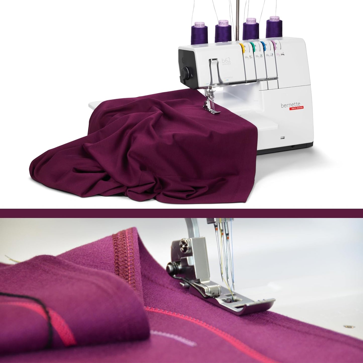 Bernette B62 Airlock Coverstitch Machine Bundle | Air Threader, Scissors, Rotary Cutter, Threads, Self Healing Foldable Cutting Mat, LED Light, Extension Table | Heavy Duty, Beginner to Professional