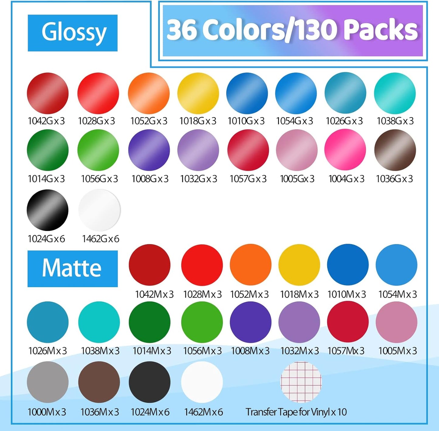 LYA Vinyl 130 Pack Permanent Vinyl - 12 "x12 Self Adhesive Vinyl Sheets，120 Sheets & 10 Transfer Tape Sheets for Cutting Machines and Decor Sticker