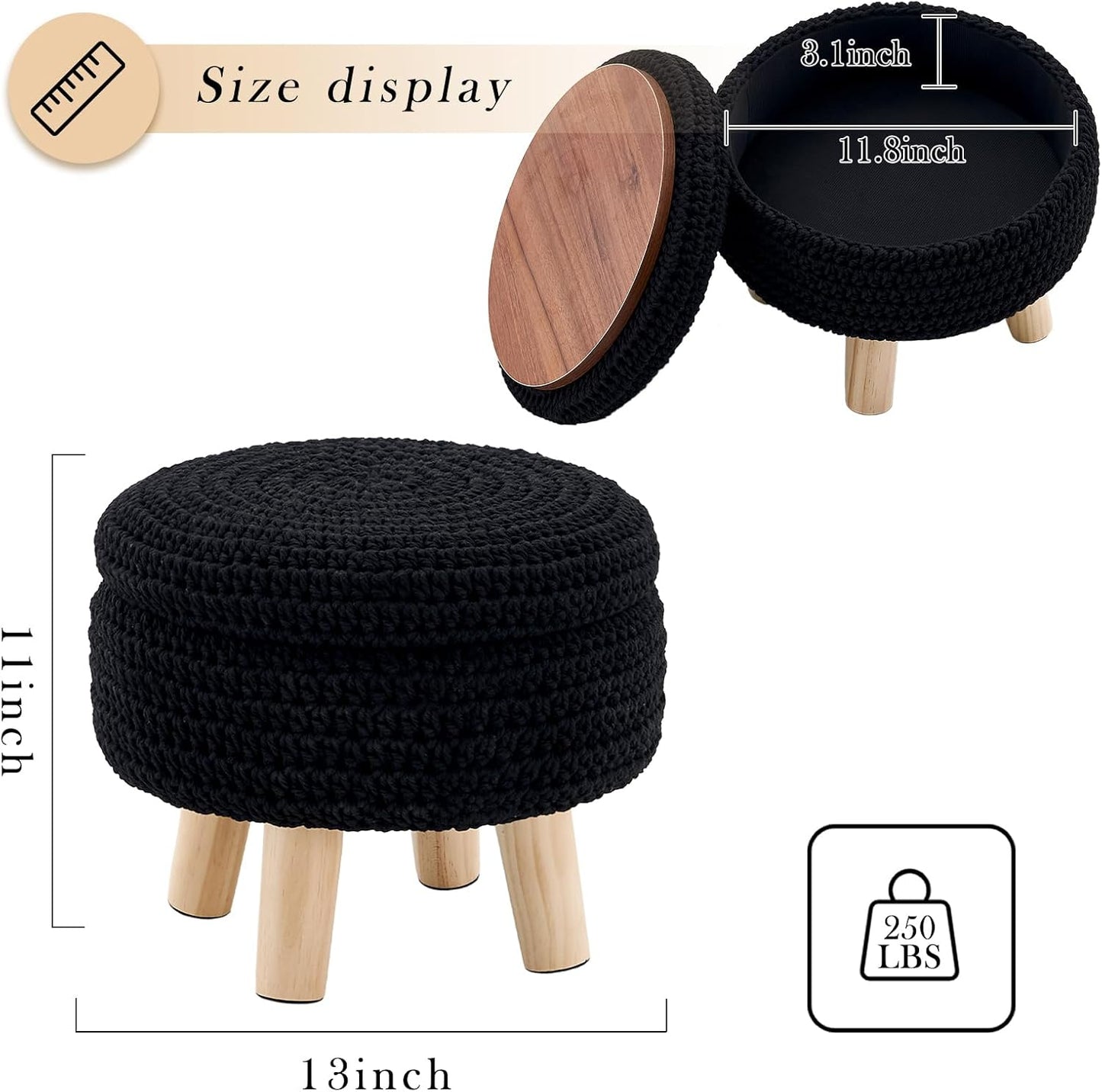 Round Storage Ottoman Foot Rest Cotton Braided Foot Stool Pouf Ottoman with Solid Wood Legs Footstool with Storage Shoe Changing Stool for Living Room Black