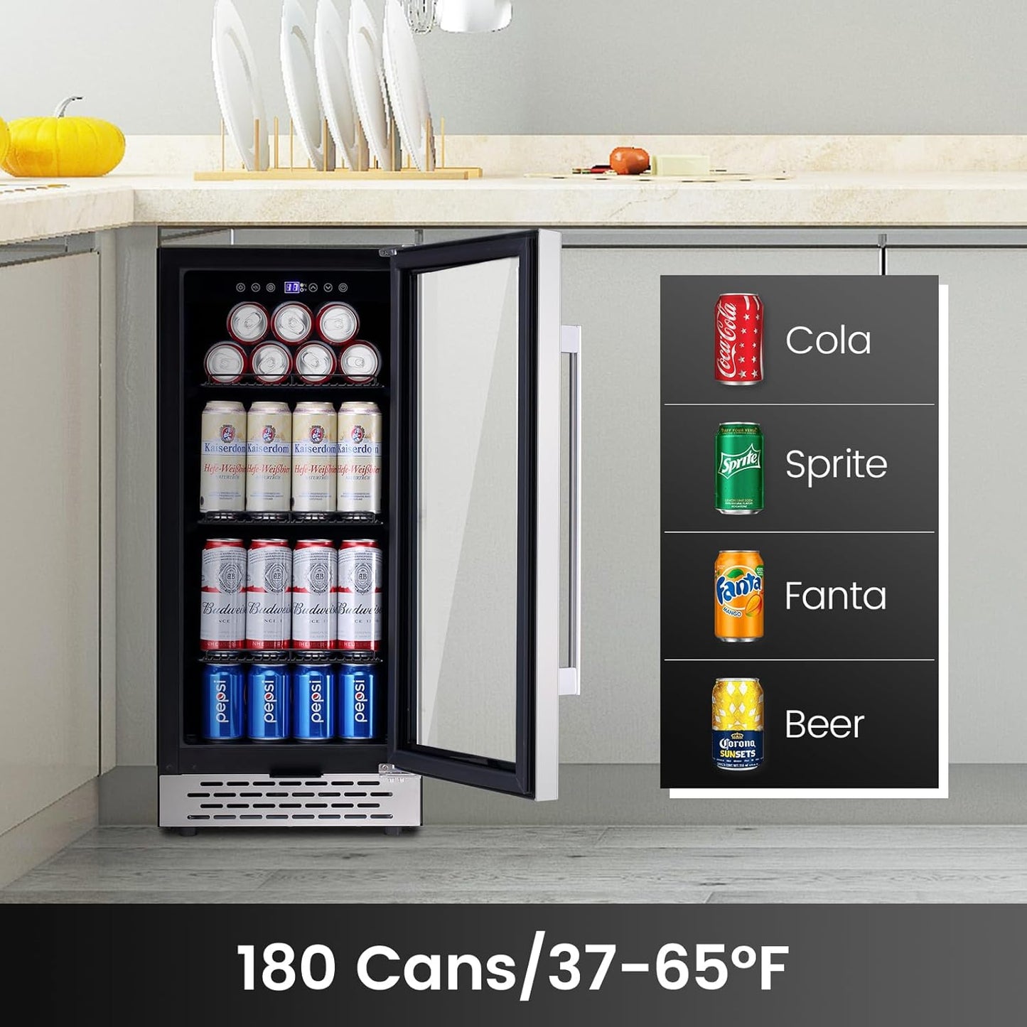 15 Inch Beverage Refrigerator Under Counter, 130 Cans Beverage Fridge with Tempered Glass Door & Lock, 37-65°F Beverage Cooler For Home/Bar, Built-in/Freestanding Mini Drink Cooler(3.53 cu.ft)