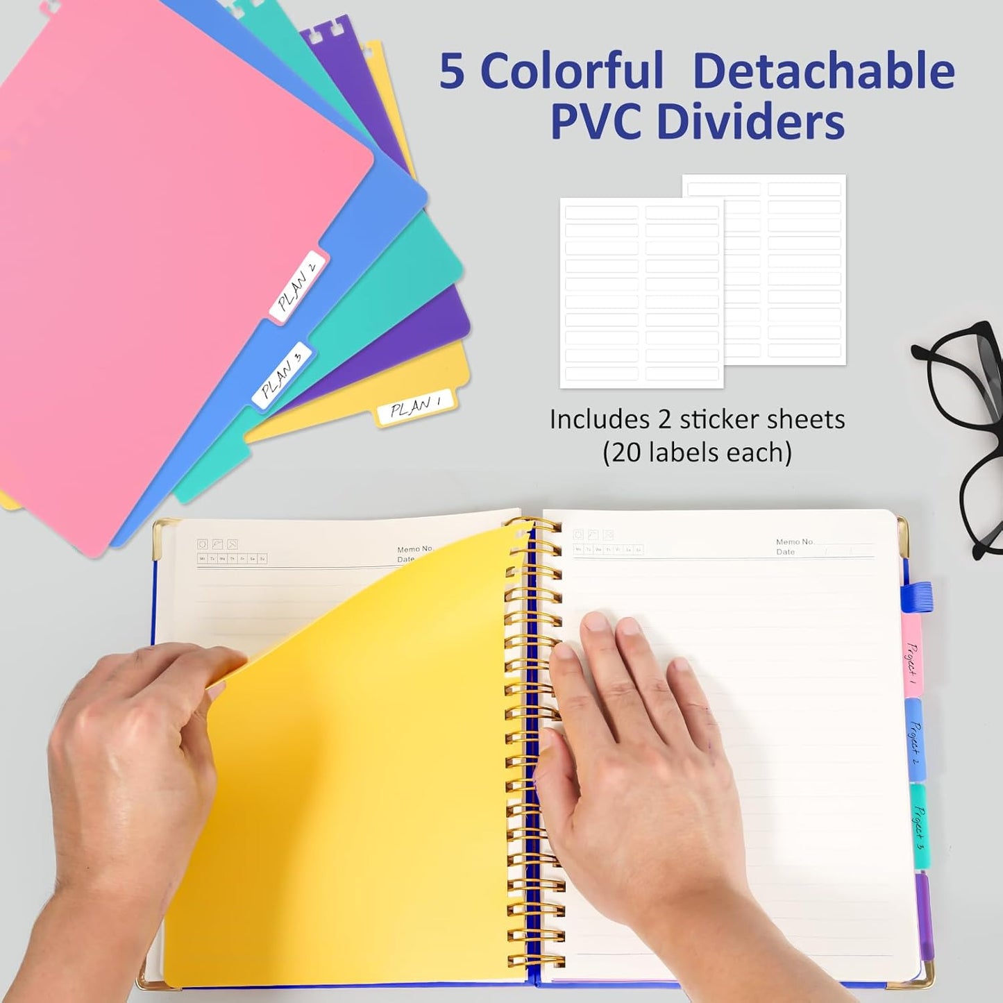 Hardcover Spiral Notebook Journal, 8"x10" Large B5 Notebooks with Removable Dividers Tabs, 300 Pages Leather 5 Subject Notebook College Ruled, Journal for Work School Note, 100 GSM Thick Paper,Blue