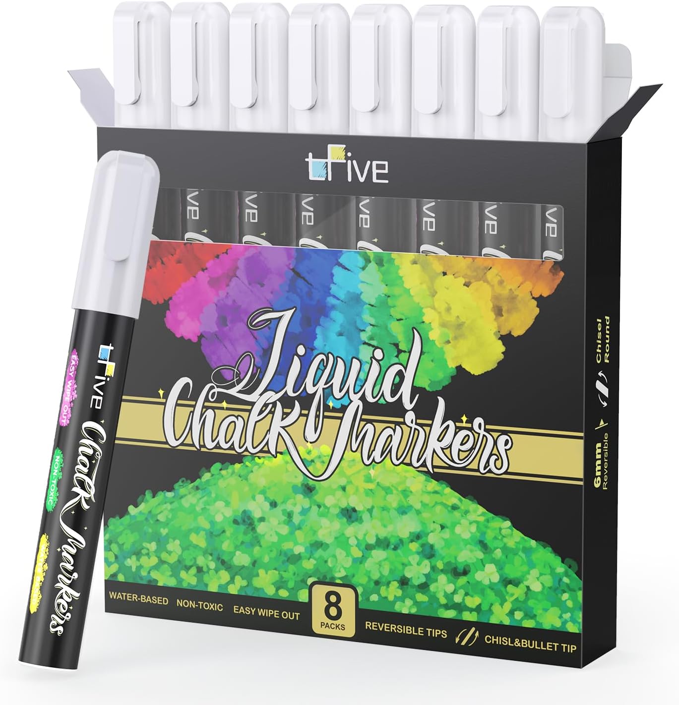TFIVE White Chalk Markers - Dry & Wet Erase Marker Pens for Chalkboards, Signs, Windows, Blackboard, Glass, Mirrors, Liquid chalkboard markers with Reversible Tip and 24 Labels(8 Pack)