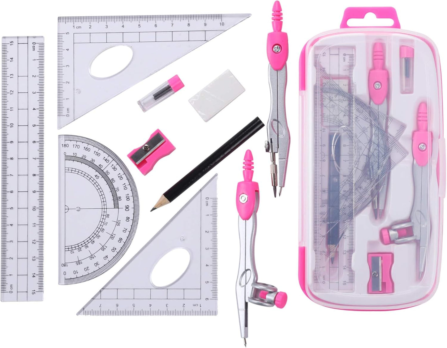Math Geometry Kit Sets 10 Piece Student Supplies with Shatterproof Storage Box,Includes Rulers,Protractor,Compass,Eraser,Pencil Sharpener,Lead Refills,Pencil,for Drafting and Drawings（Pink）
