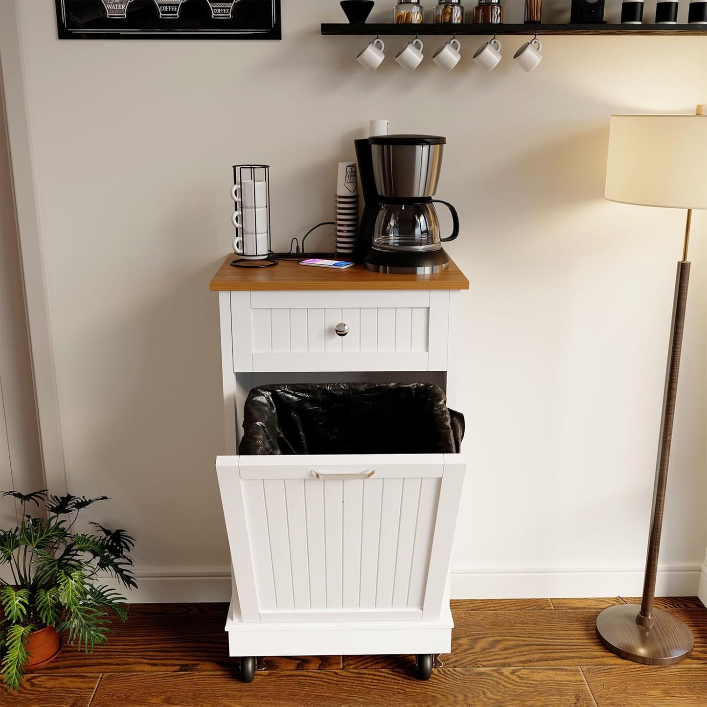 10 Gallon Tilt Out Trash Cabinet, Wooden Kitchen Trash Can Cabinet with Hideaway Drawer, Freestanding Laundry Hamper Garbage Recycling Cabinet on Wheels, Pet Proof, Single, White