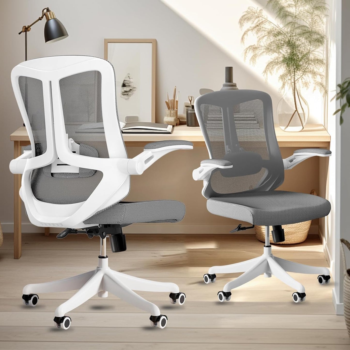 Computer Office Chair, Ergonomic Comfort Home Desk Chair, Mid Back Gaming Chair with Wheels, Adjustable Height, Lumbar Support, Flip-up Armrest with 350LBS Capacity