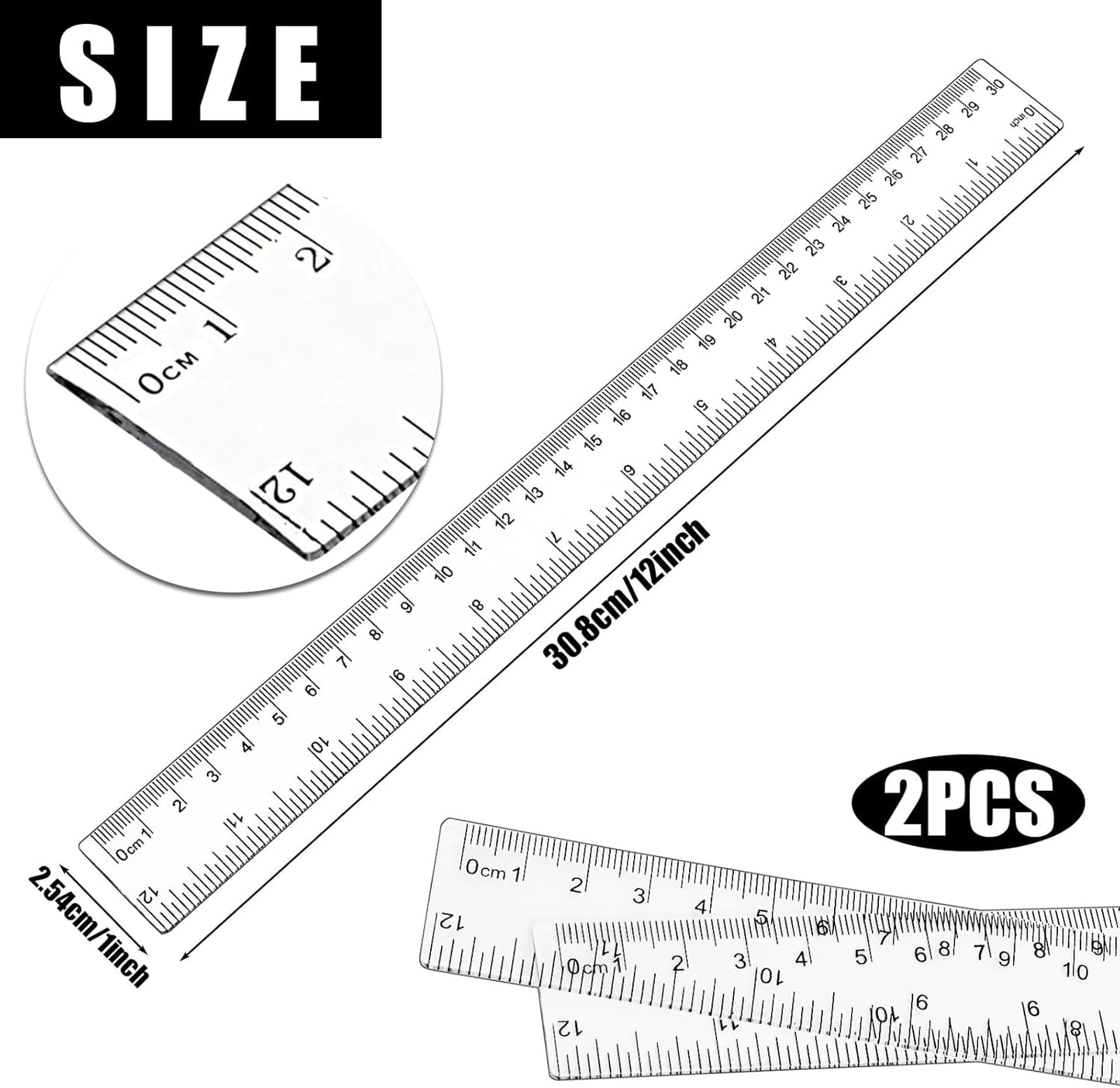 Koogel 2PCS Plastic Clear Rulers, 12 inch Transparent Plastic Straight Rulers with Centimeters and Inches, Measuring Tool for Student Kids School Office Home