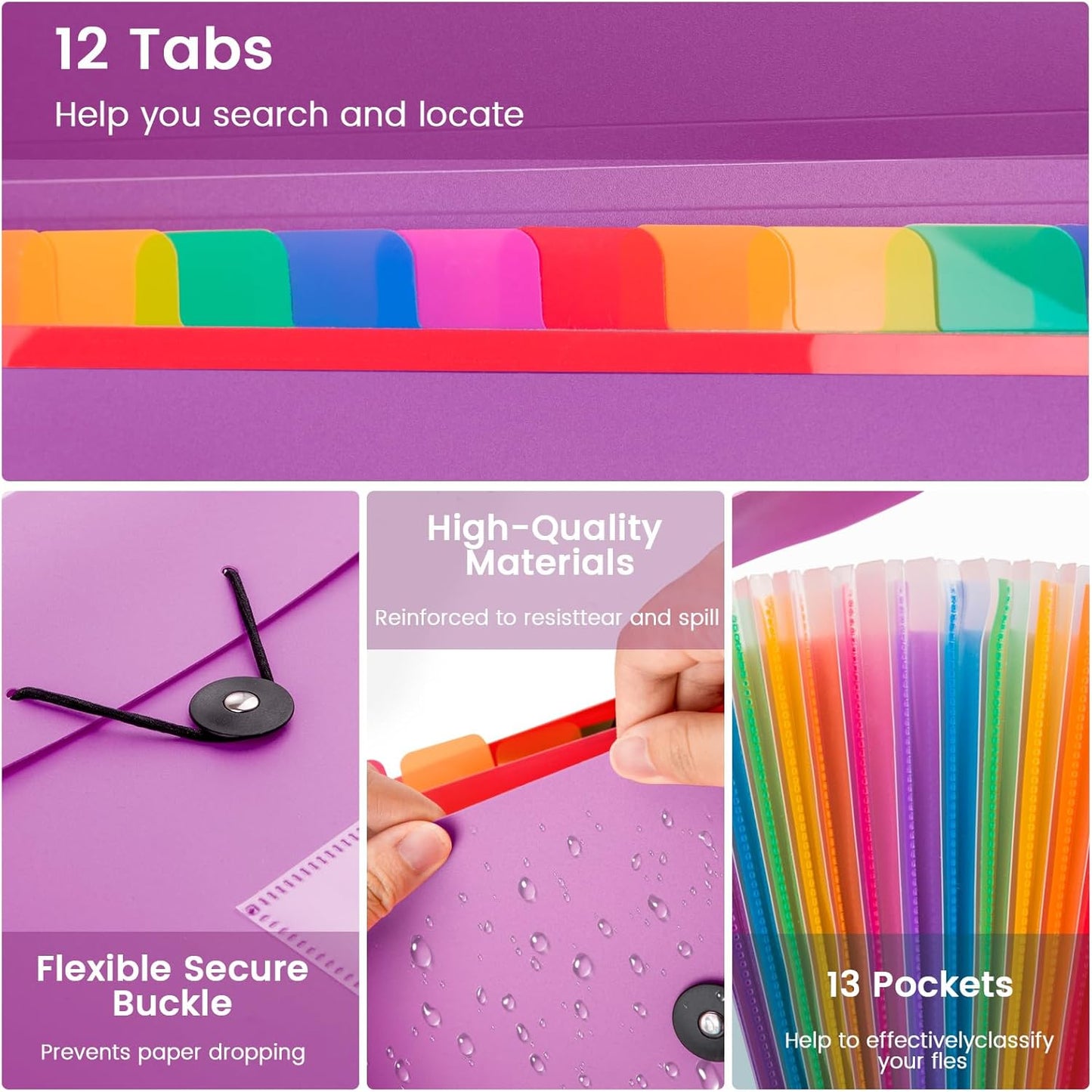 13 Pocket Expanding File Folder Accordian File Organizer, A4 Letter Size Paper Document Receipt Holder for School Office Supplies, Purple