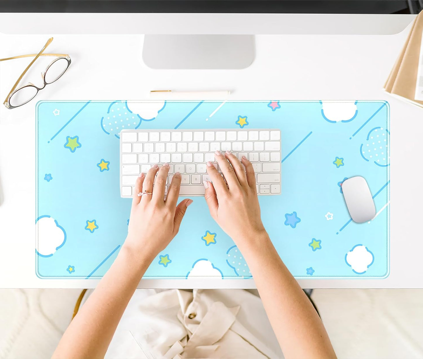 Kawaii Pastel Blue Star Grid Desk Pad, Large Gaming Mousepad & Keyboard Mat, XXL Office Desk Decor for Women, 31.5"x15.75"