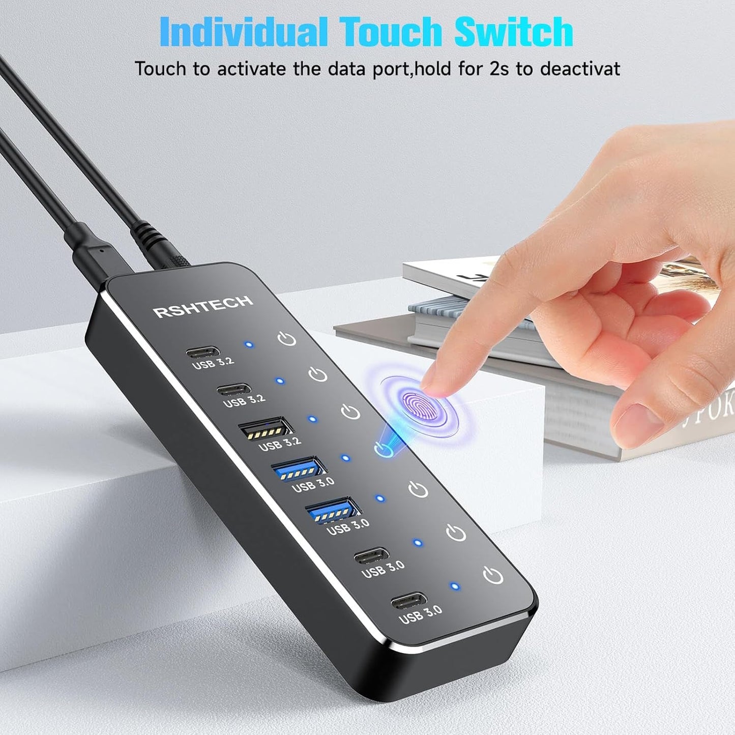 RSHTECH 7-Port Powered USB 3.2/USB-C Hub Splitter with 3 x 10Gbps USB-3.2 Ports (2C + 1A),4 USB-3.0 Ports (2C + 2A), 3.3ft Cable, Touch Switches, and 5V Power Adapter for Laptop PC