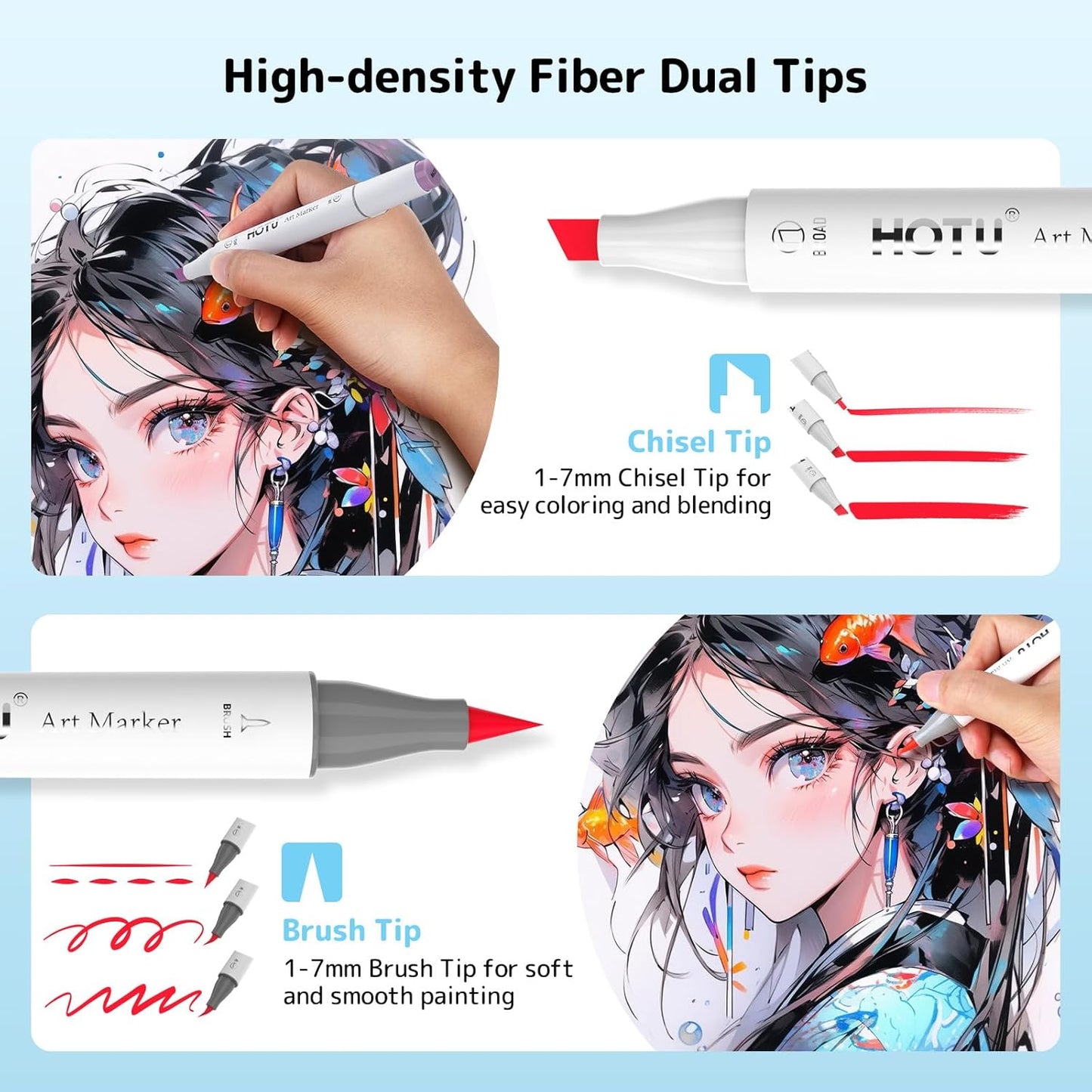 Alcohol Markers Brush Tip -60 Virant Colors Daul Tips Art Markers Set, for Artist Adults Coloring Illustrations, with Seamless Blending, Colorless Blender, Anti-Bleeding Pad, &Premium Ink