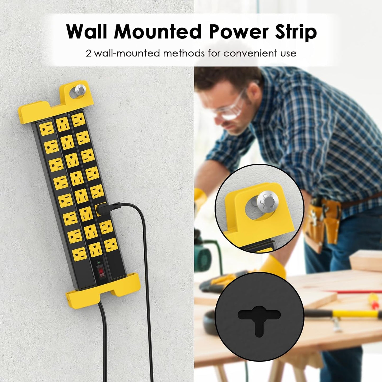 HHSOET Heavy Duty Power Strip with Surge Protection, Industrial Commercial Metal 24 Outlets Wall Mount for Garage Shop, 15 Amp, Switch, 6FT Extension Cord, Black.