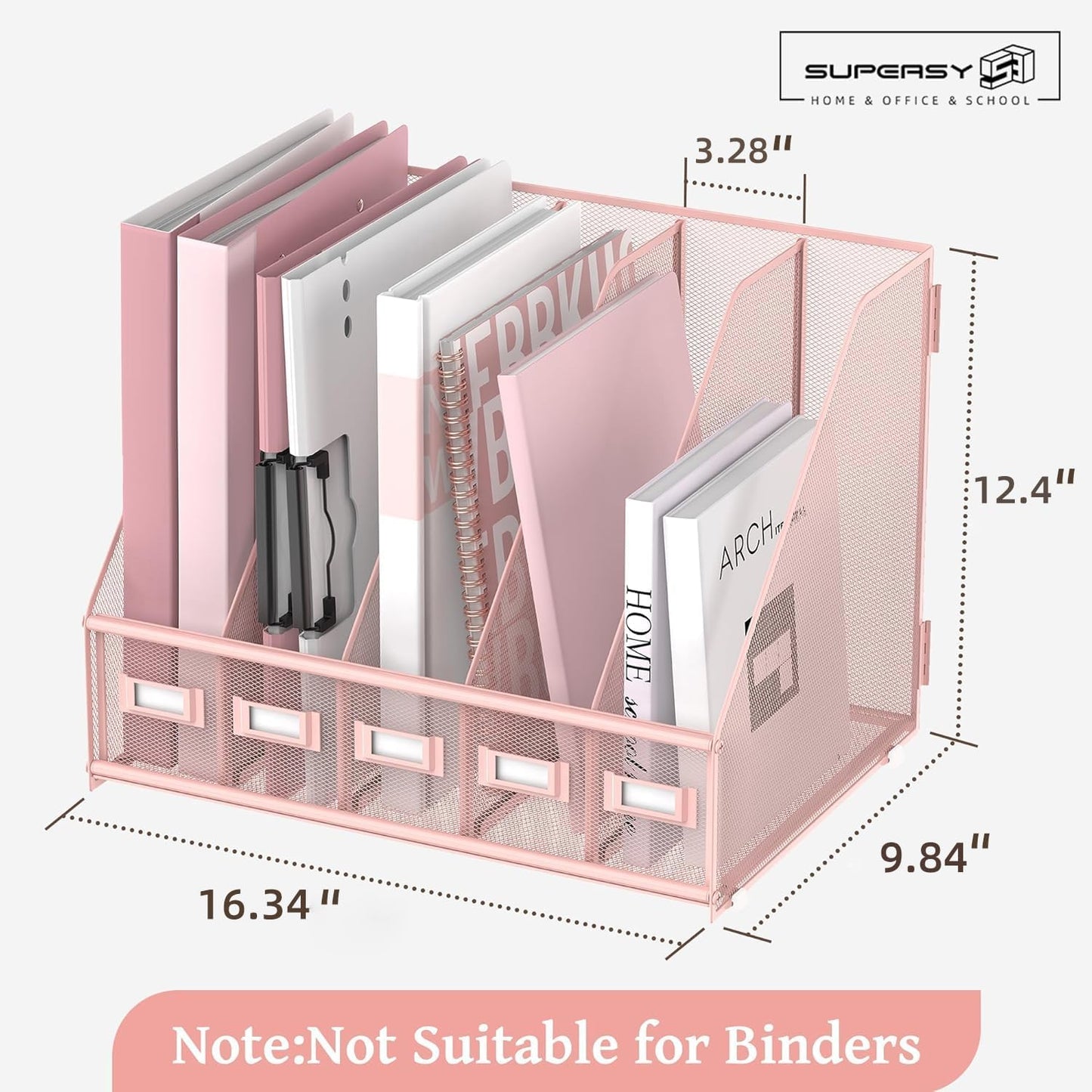 SUPEASY Desk Organizers Metal Desk Magazine File Holder with 5 Vertical Compartments Rack File Organizer for Office Desktop, Home Workspace, Pink