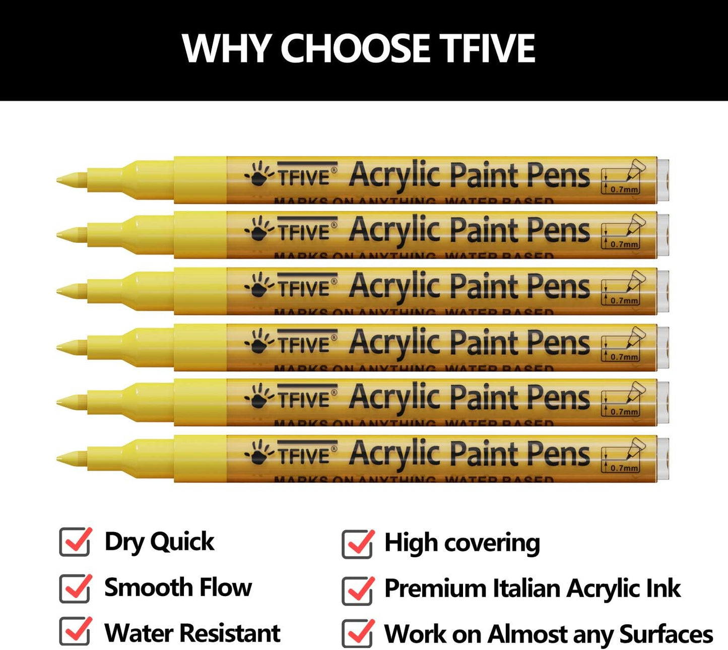 Yellow Marker Paint Pens - 6 Pack Acrylic Yellow Permanent Marker, 0.7mm Extra Fine Tip Paint Pen for Art Projects, Drawing, Rock Painting, Ceramic, Glass, Wood, Plastic, Metal, Canvas DIY Crafts