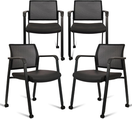 CLATINA Stacking Office Chair with Wheels, Mesh Back Waiting Room Guest Chairs with Arms Comfortable Leather Cushion Stackable Desk Chair for Conference Reception School Side Stationary, Black, 4PK