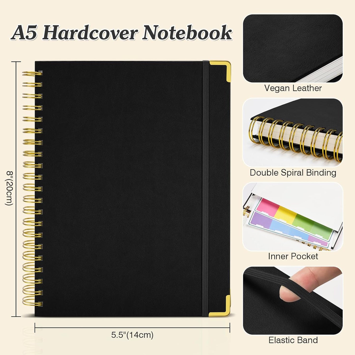 Spiral Notebook, 300 Numbered Pages Notebooks College Ruled with Contens, 100GSM Thick Journal for Women Men, Hardcover Leather Lined Journal for Writing, Large A5 Notebooks for Work School, 6" x 8"