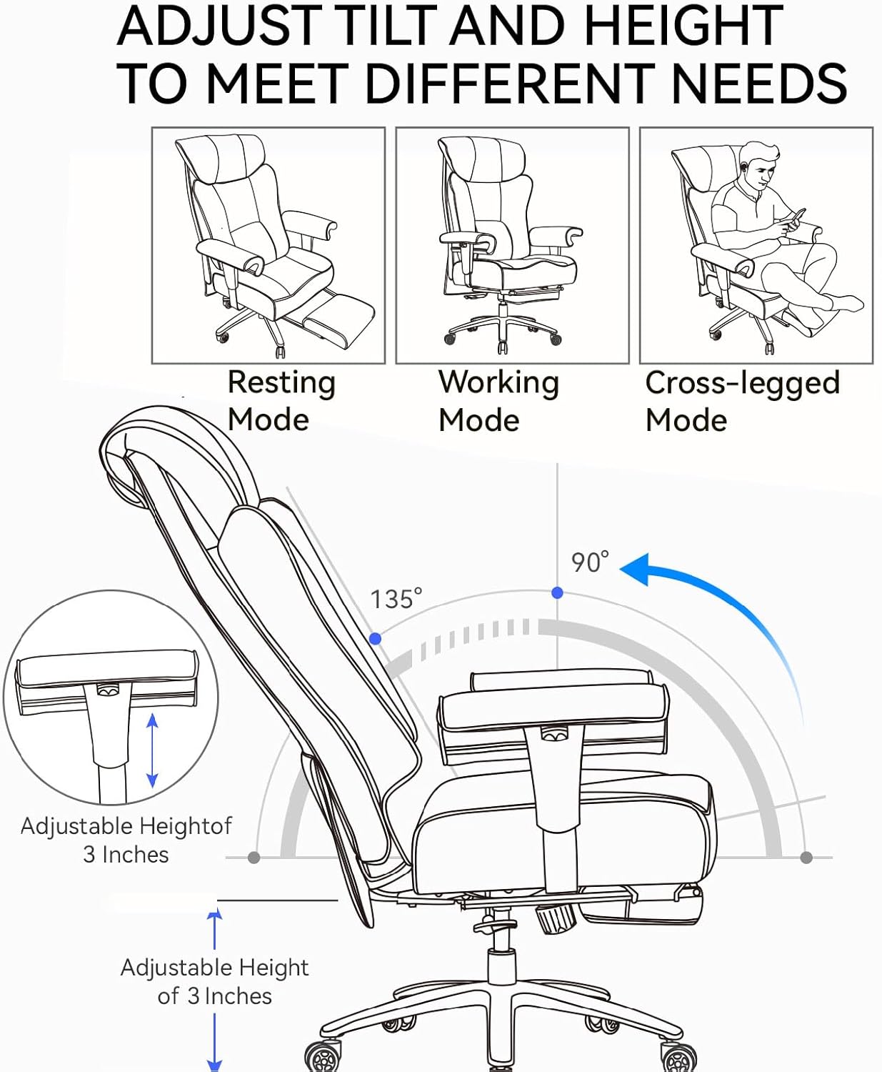 Big and Tall Ergonomic Office Chair 450LBS with Foot Rest, High Back PU Leather Executive Chair with Adjustable Padded Armrests, Lumbar Support for Home or Work, Heavy Duty Computer Chair, Brown