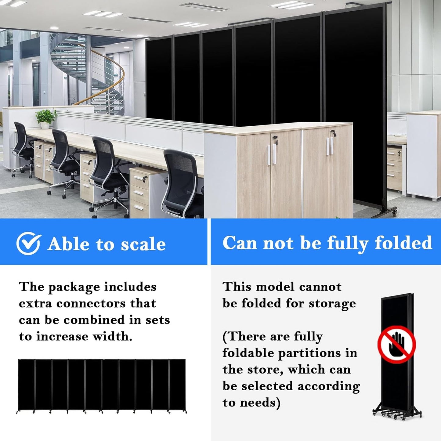 Upgrade Version Room Partition and Divider, Freestanding Rolling Dividers with Wheels,Office Privacy Screen Divider Wall,Classroom Felt Dividers,8'2"L* 6'7"H,4 Panel，Black