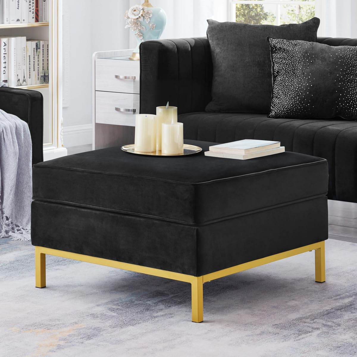 24KF Large Velvet Ottoman, Upholstered Padded Cushion Ottoman Table, Large Foot Rest for Living Room - Black
