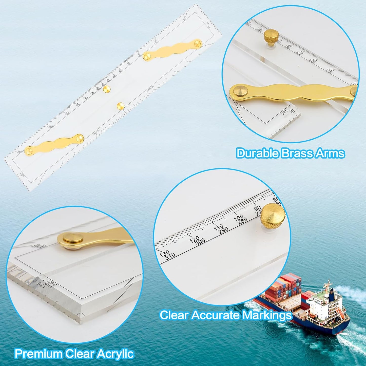 3 Pcs Basic Navigation Set,Including 15inch Parallel Ruler with Brass Arms, Nautical Protractor, and 6 Inch Marine Fixed Points Divider, Marine Accessories with Clear Scales for Boat