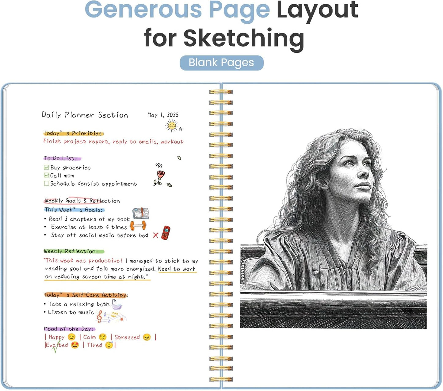 Taja Spiral Blank Notebook, 8.5"x11" Notebooks for Work, Large A4 Journal for Women & Men, Sketch Journal, Journaling Notebook for Writing, Plastic Cover Spiral Journal, Blue