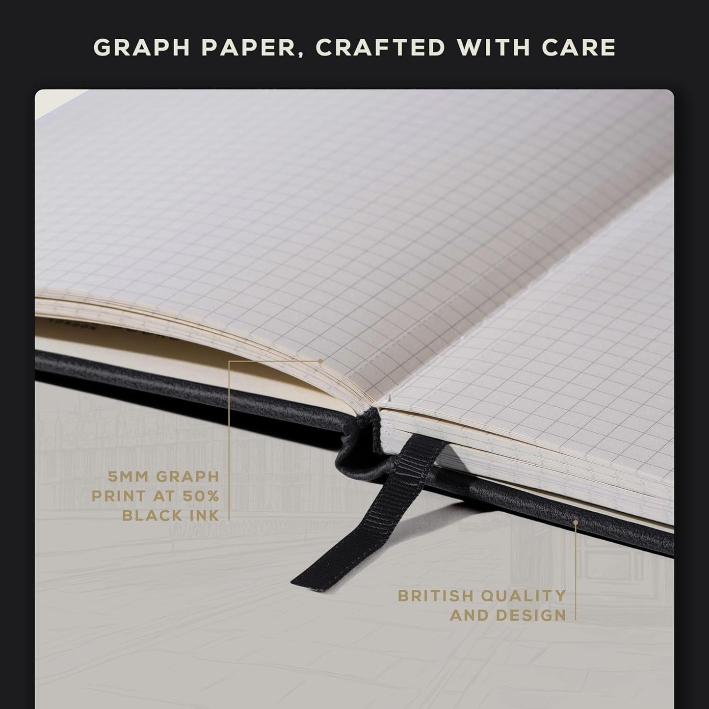 BEECHMORE BOOKS Graph Paper Notebook - Regular, Black | Premium Square Grid Math & Science Journal | 5.75" x 8.25" Hardcover Vegan Leather | Thick 120gsm Cream Graph Paper | Gift Box for Men & Women