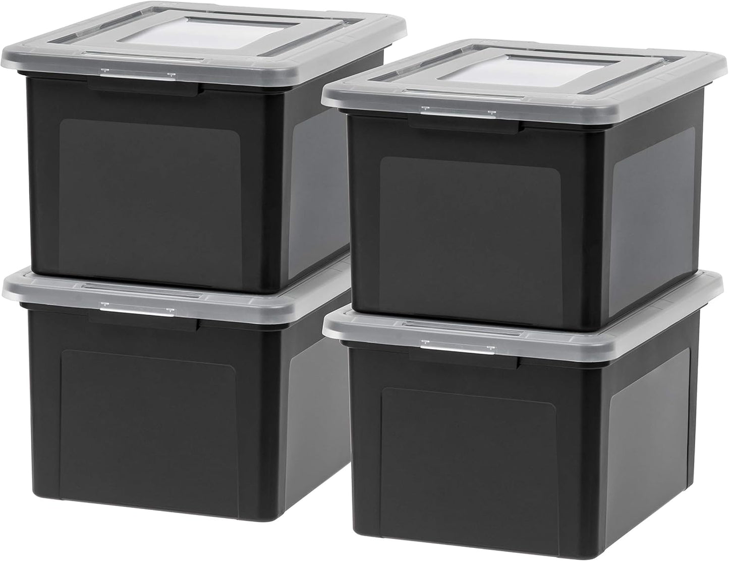 IRIS USA File Box, Plastic File Organizer with Lids for Letter/Legal File, Portable Document Box For Moving, Storage Bin with Durable and Secure Lid, Stackable Nestable BPA-Free, Black 35 Qt. 4 Pack
