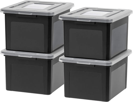 IRIS USA File Box, Plastic File Organizer with Lids for Letter/Legal File, Portable Document Box For Moving, Storage Bin with Durable and Secure Lid, Stackable Nestable BPA-Free, Black 35 Qt. 4 Pack
