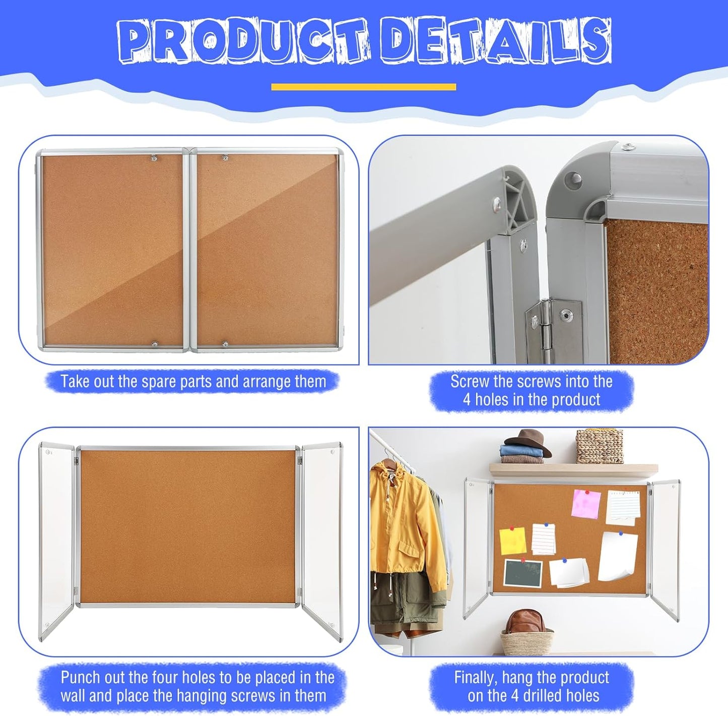Enclosed Bulletin Board 48" x 36" Weather Resistant Lockable Notice Cork Display Board Wall Mounted 2 Locking Door for School Classroom Commercial Back to School, 12 x A4(Brown, Silver Frame)