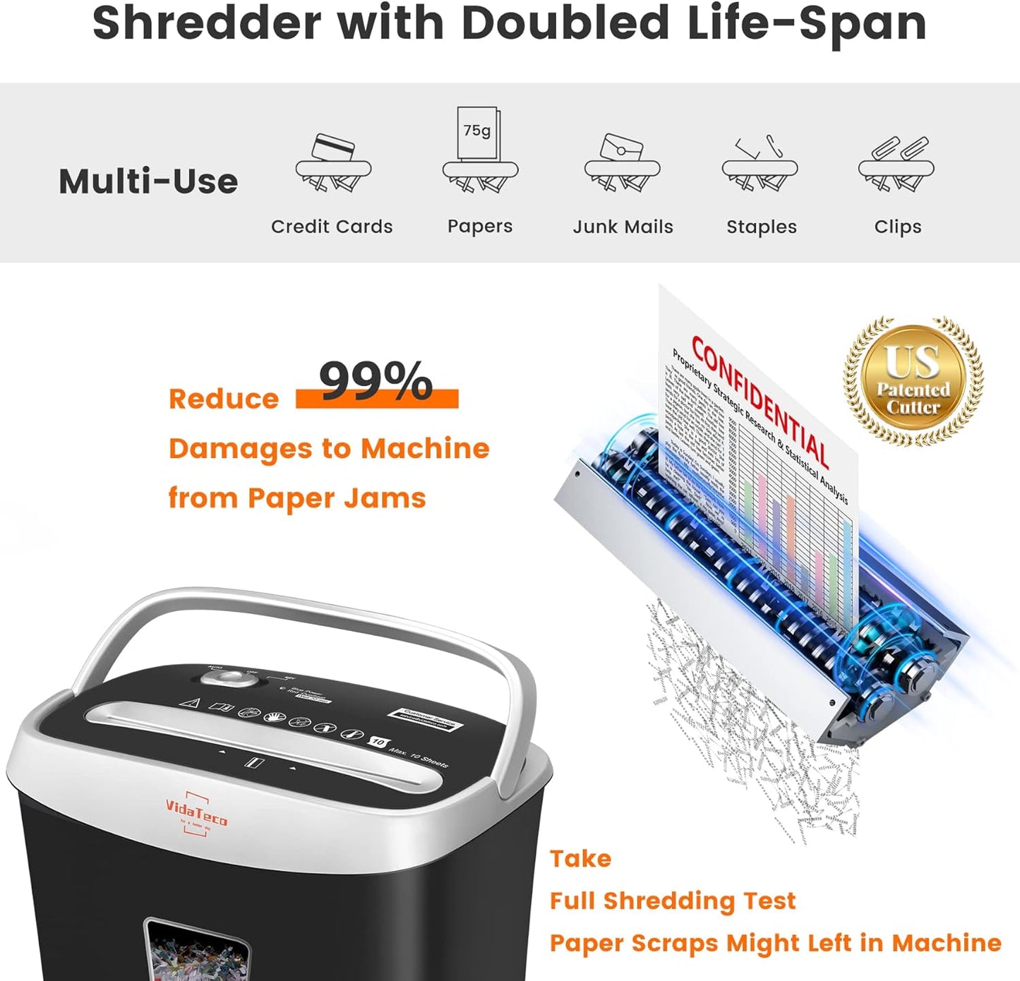 Paper Shredder for Home Office Heavy Duty with 60 Mins Running with US Patented Cutter,Shred CD/Card with Extra Large Bin,AUTO Jam Proof(ETL) (10-Sheet Micro-Cut)