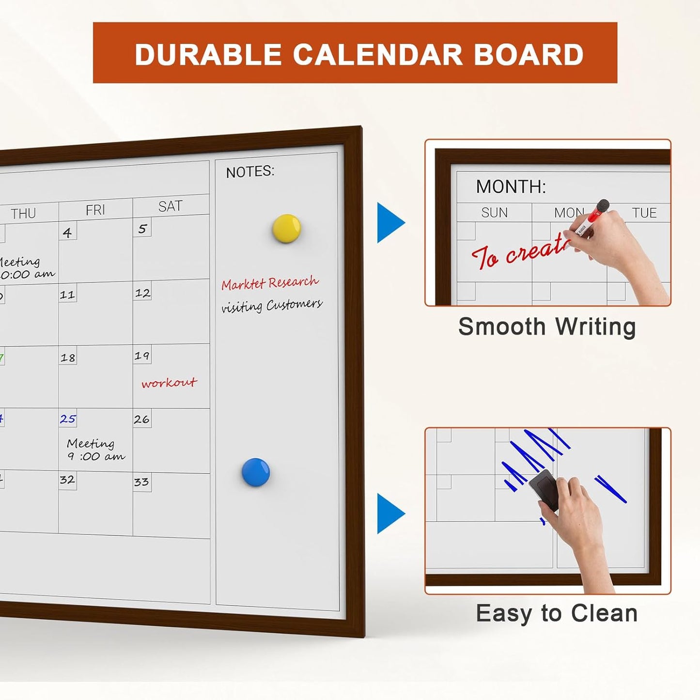 Comix Dry Erase Calendar Whiteboard for Wall,Magnetic Dry Erase White Board with Brown Wood Frame, 36 * 24 inches Decorative Planner Board for Office, Kitchen, School, Home