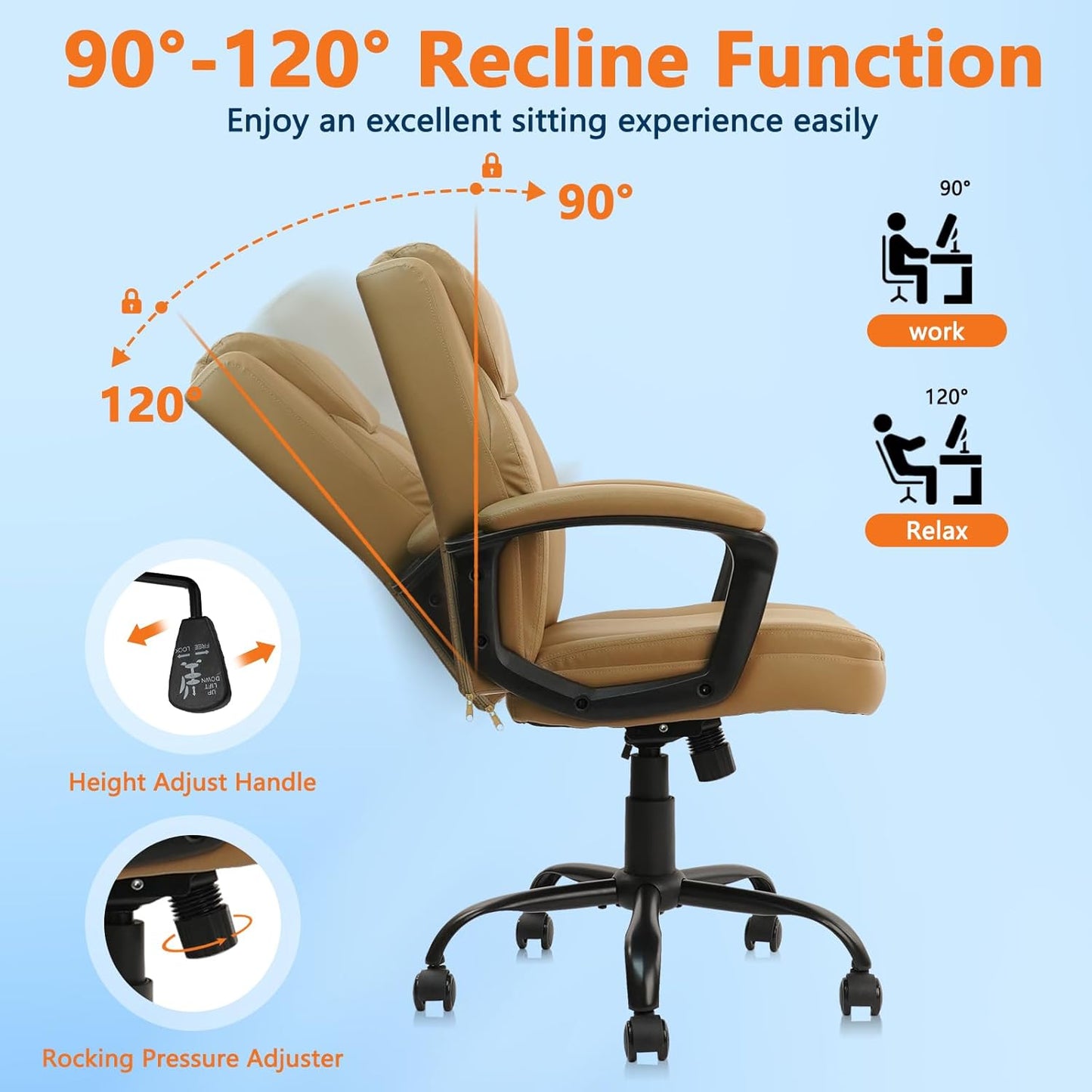 CLATINA Brown Office Computer Chair PU Leather Executive Swivel Adjustable Height Chairs with Upholstery Fixed armrest Mid-Back Leather Thick Cushion Office Chair Brown 8Pack