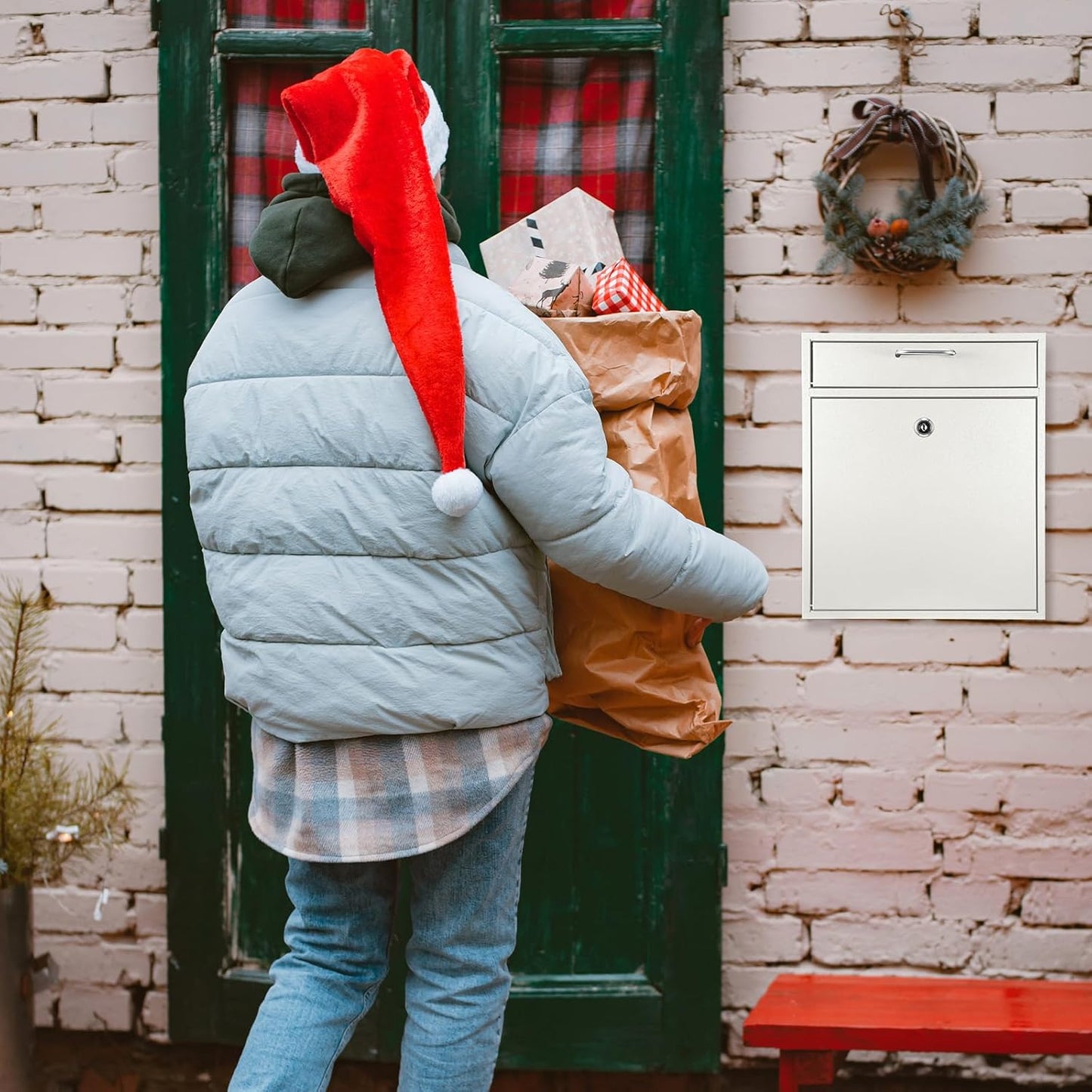 Locking Mailbox with Key for Outdoor 12 x 10.5 x 4.7 Inches Large Wall Mount Mail Box with Lock Security Mail Drop Metal Collection Boxes Hanging Secure Postbox(Creamy White)