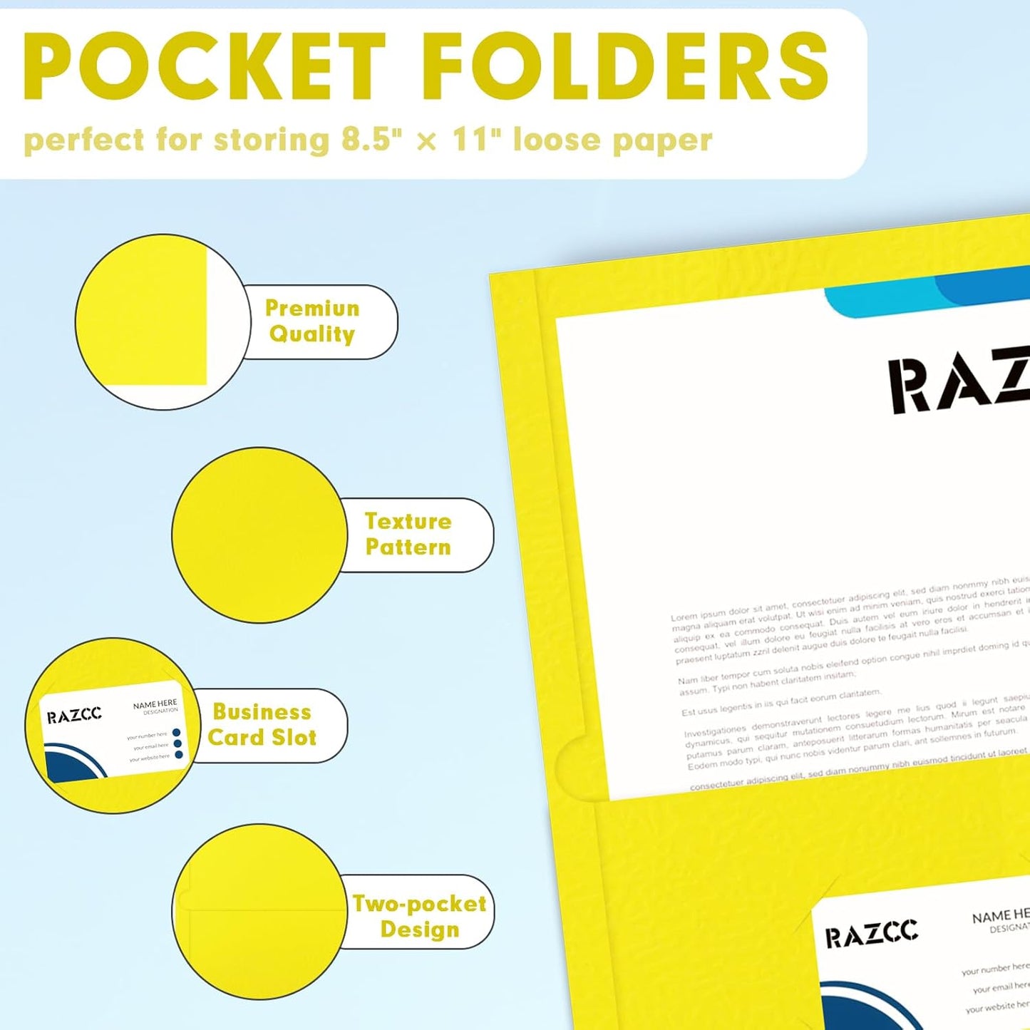 Two Pocket Folders, RAZCC 50 Pack 2 Pocket Folders Fit Letter Size Paper, Paper Folders with Pockets for School Office Business Home, Yellow