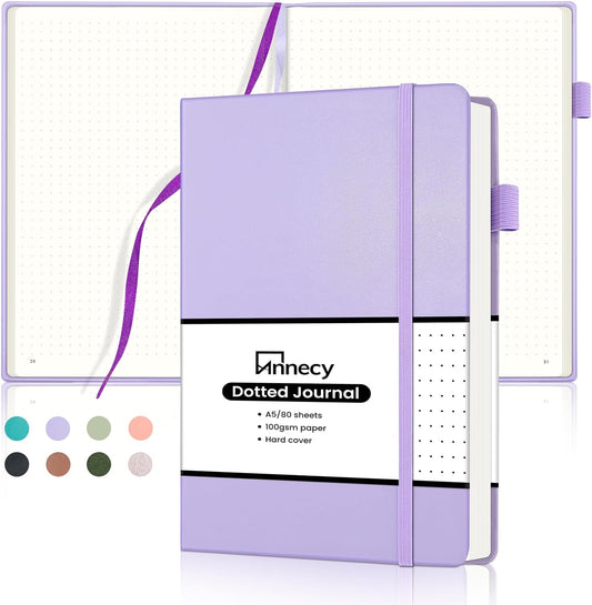Annecy Numbered Bullet Dotted Journal Notebook, Medium 5.5x 8.25, 160 Pages 100GSM Writing Paper, A5 Purple Faux Leather Cover with Pen Loop