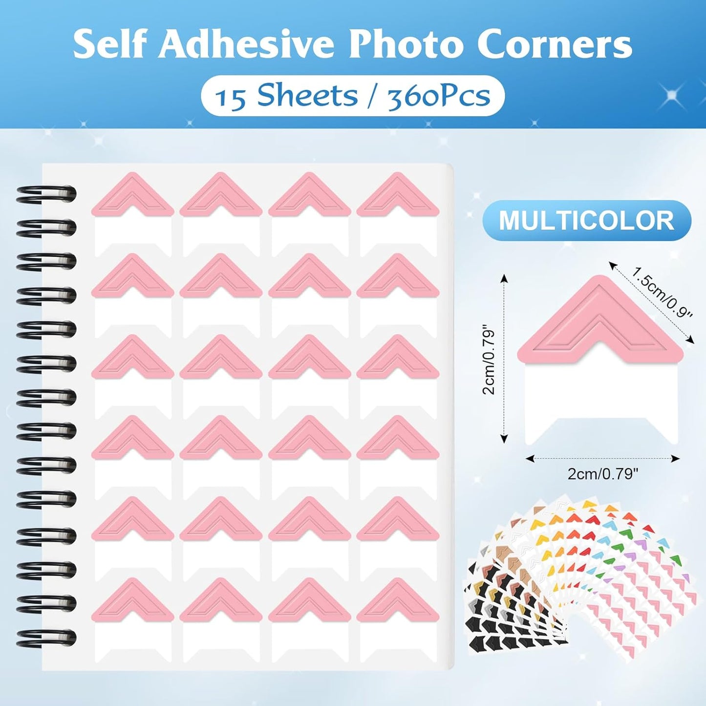 GOONAVI 15 Sheets 360 PCS Multicolor Acid-Free Photo Corners Notebook, Self-Adhesive Photo Corners for DIY Photo Album Journal, Photo Corner Stickers for Trip Journal Memory Book