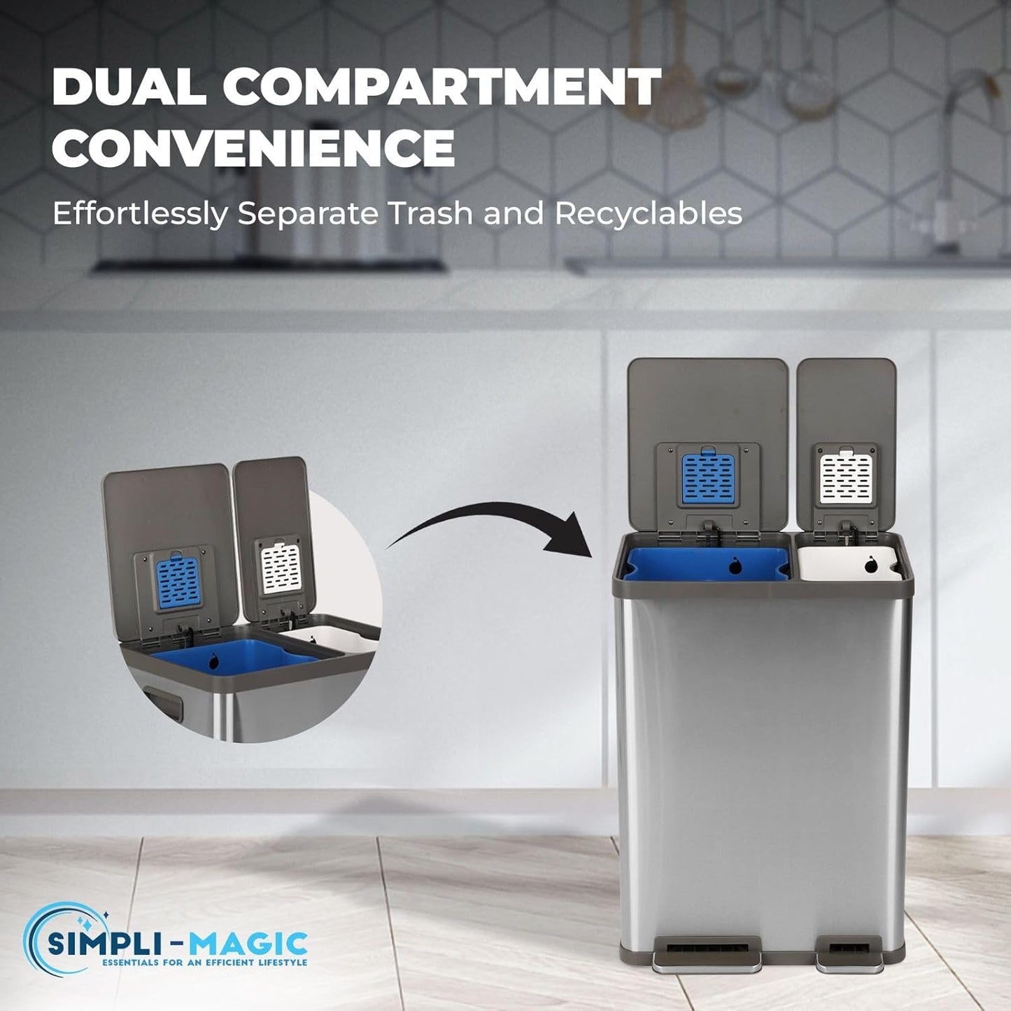 Simpli-Magic 16 Gallon (38L x 22L) Dual Compartment Step Trash Can – Kitchen Garbage Can with Waste & Recycling Bins – Slow-Close Lid, Odor Control, Hands-Free, Easy to Clean, Brushed Stainless Steel