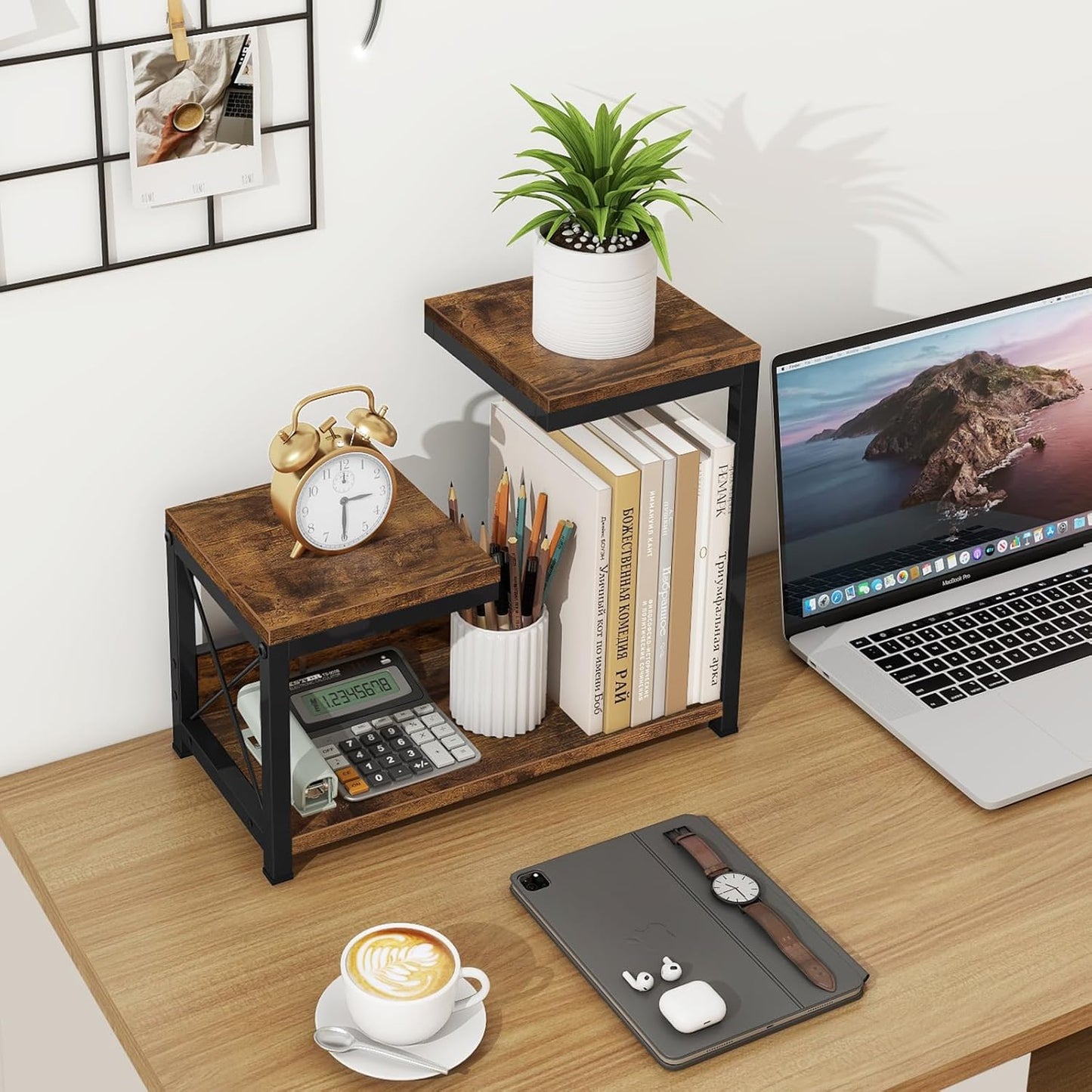 ELITEROO Desktop Shelf Organizer, 3 Tier Office Shelves, Wood Desk Organizers Storage Rack and Freestanding Display Shelf for Office, Dormitory, Home, Rustic Brown