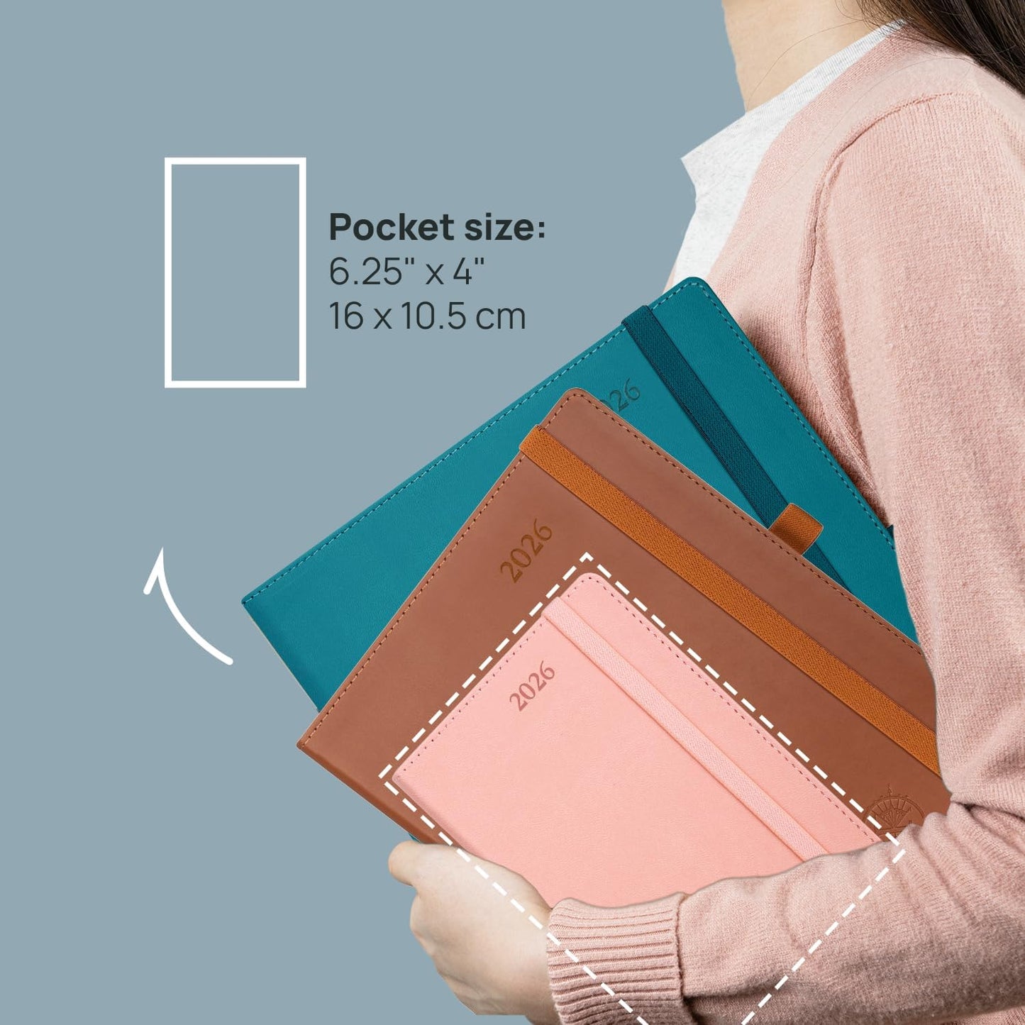 POPRUN Pocket Calendar 2026 (Small Size- 4'' x 6.25") Weekly and Monthly for Purse - Planner 2026 (Jan. 2026 - Dec. 2026) with Vegan Leather Soft Cover, Plastic Ruler, Pen Holder and More - Pink