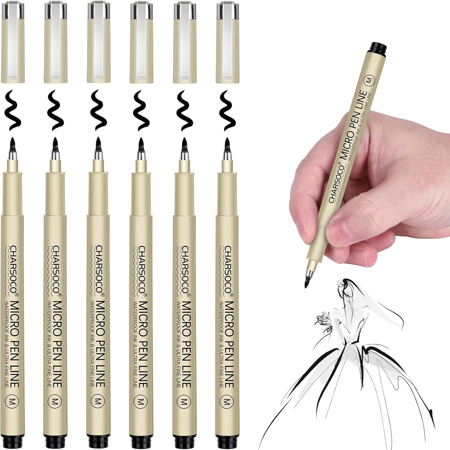 M Micro Pen, 6 Pack Black Fine Point Pen with Waterproof Archival Ink, 3mm Fineliner Ink Pens for Artist Illustration, Sketching, Anime, Manga, Technical Drawing and Scrapbooking