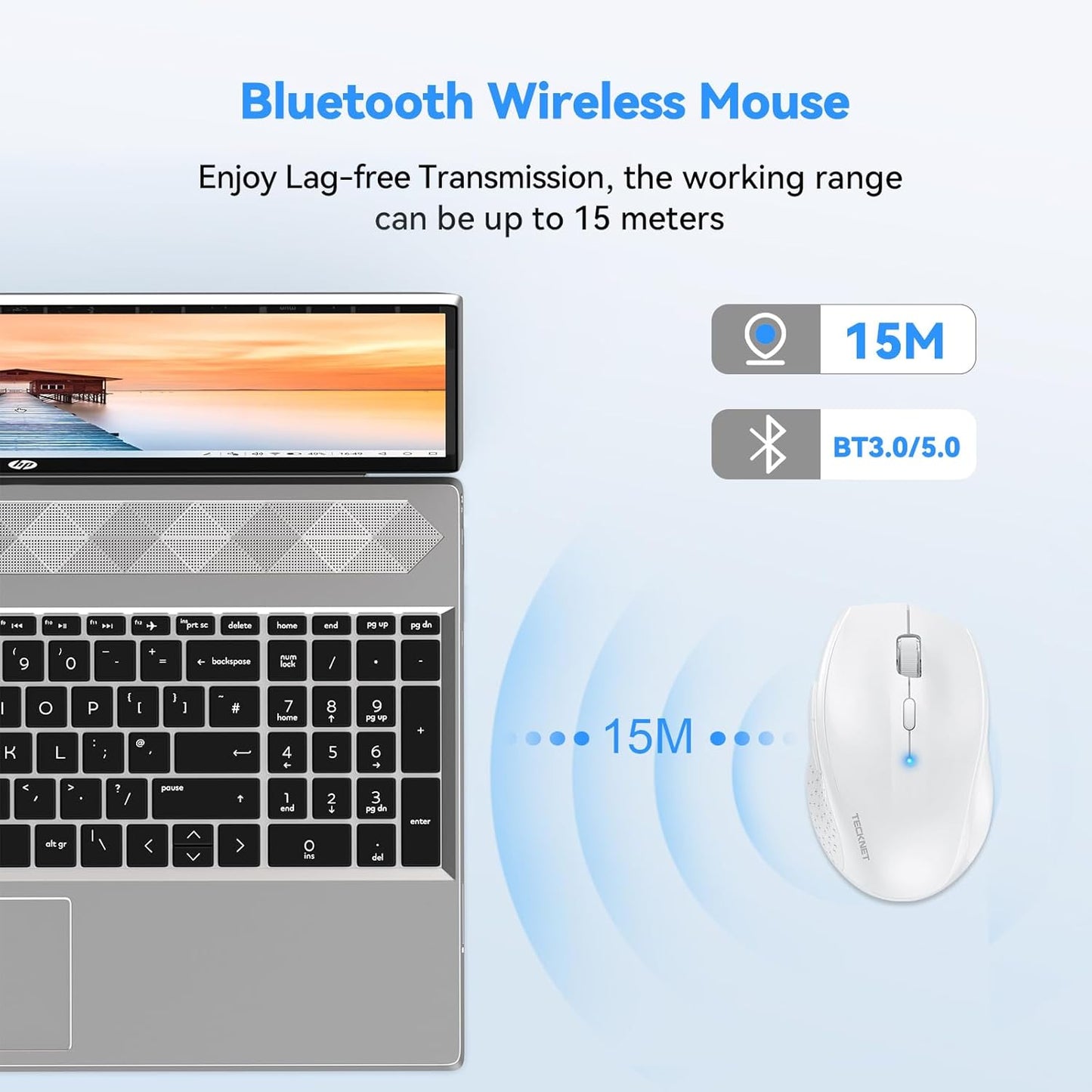 TECKNET Bluetooth Mouse, 4800 DPI Wireless Mouse, 2-Year Battery 6 Adjustable DPI, 6 Buttons Compatible with Laptop/Windows/Computer - White