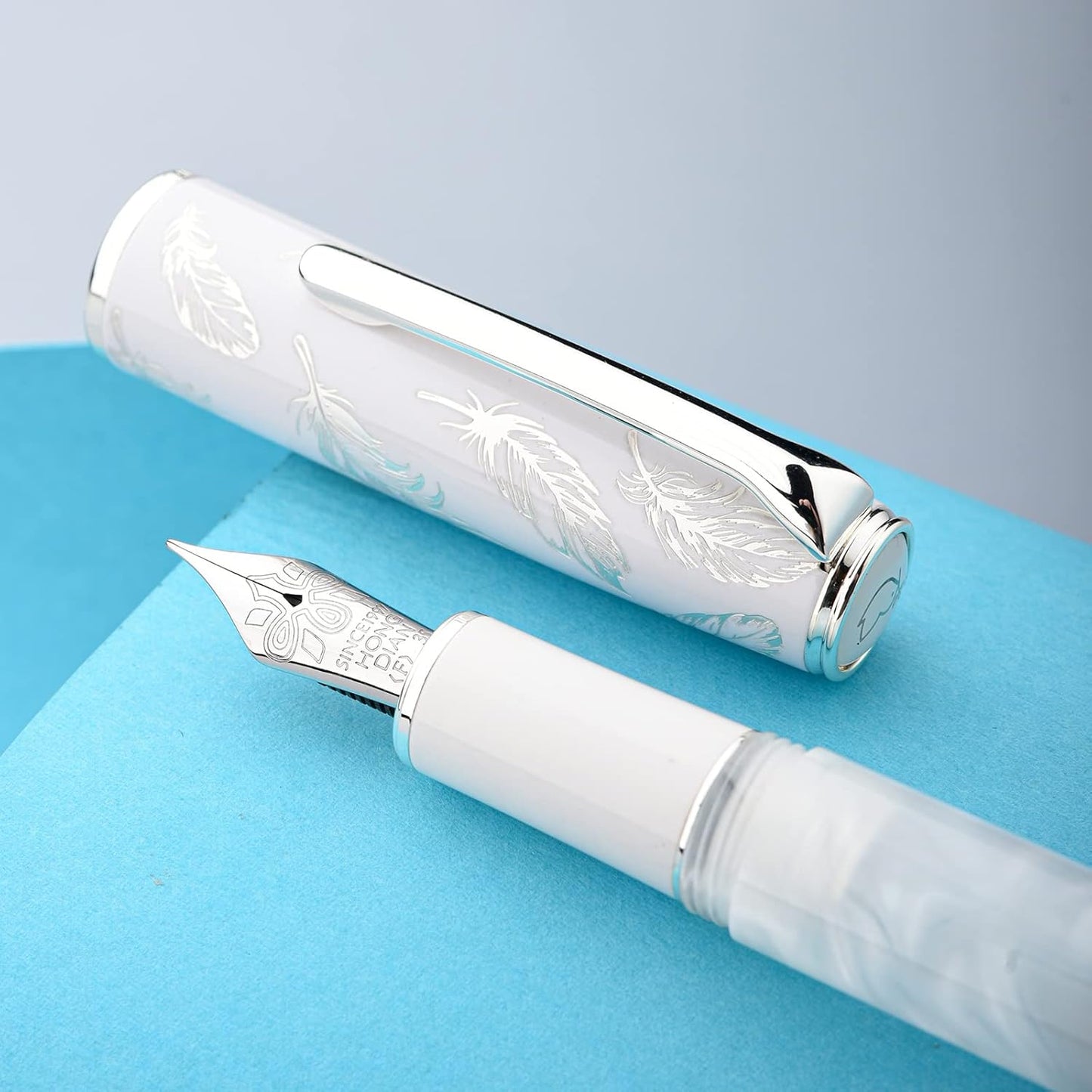 Hongdian N8 White Acrylic Resin Fountain Pen, Iridium Fine Nib Silver Plated Feather Carving Cap Smooth Writing Pen with Converter and Metal Pen Box Set