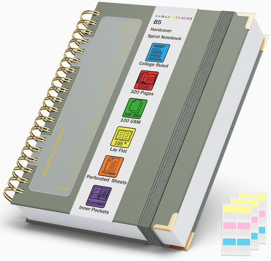 HAUTOCO Spiral Notebook College Ruled B5 Leather Bound Journal, 320 Pages, Hardcover Notebooks with tabs, 100 GSM Paper, 7x 9.7" Lined Journaling Notebooks for Work Office School Business, Olive Green