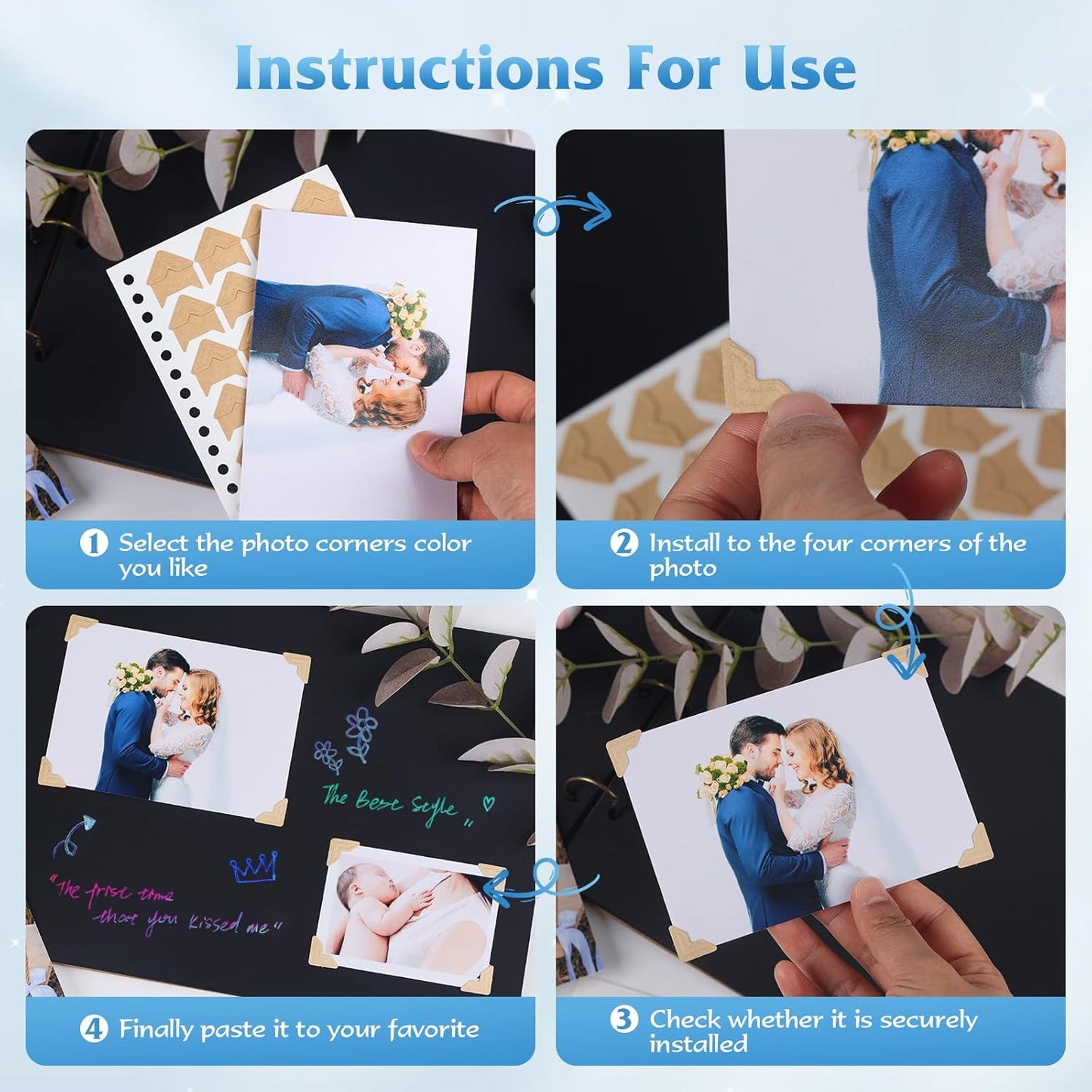 GOONAVI 15 Sheets 360 PCS Golden Black Acid-Free Photo Corners Notebook, Self-Adhesive Corners for DIY Album Journal, Corner Stickers for Trip Memory Book