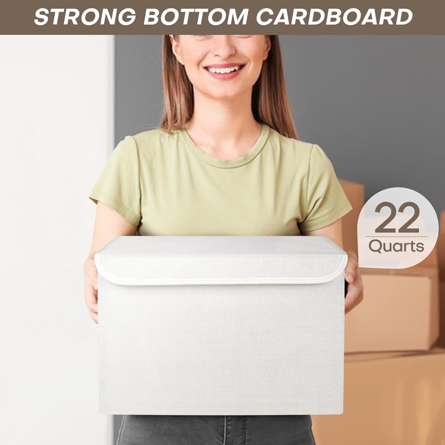 Large 22 Quart Linen Fabric Foldable Storage Bin Cube Organizer Basket with Flip-Top Lid & Handles, Clothes Blanket Box for Home, Office, Closet, White, 4 Pack 14.6 x 9.5 x 9.5”