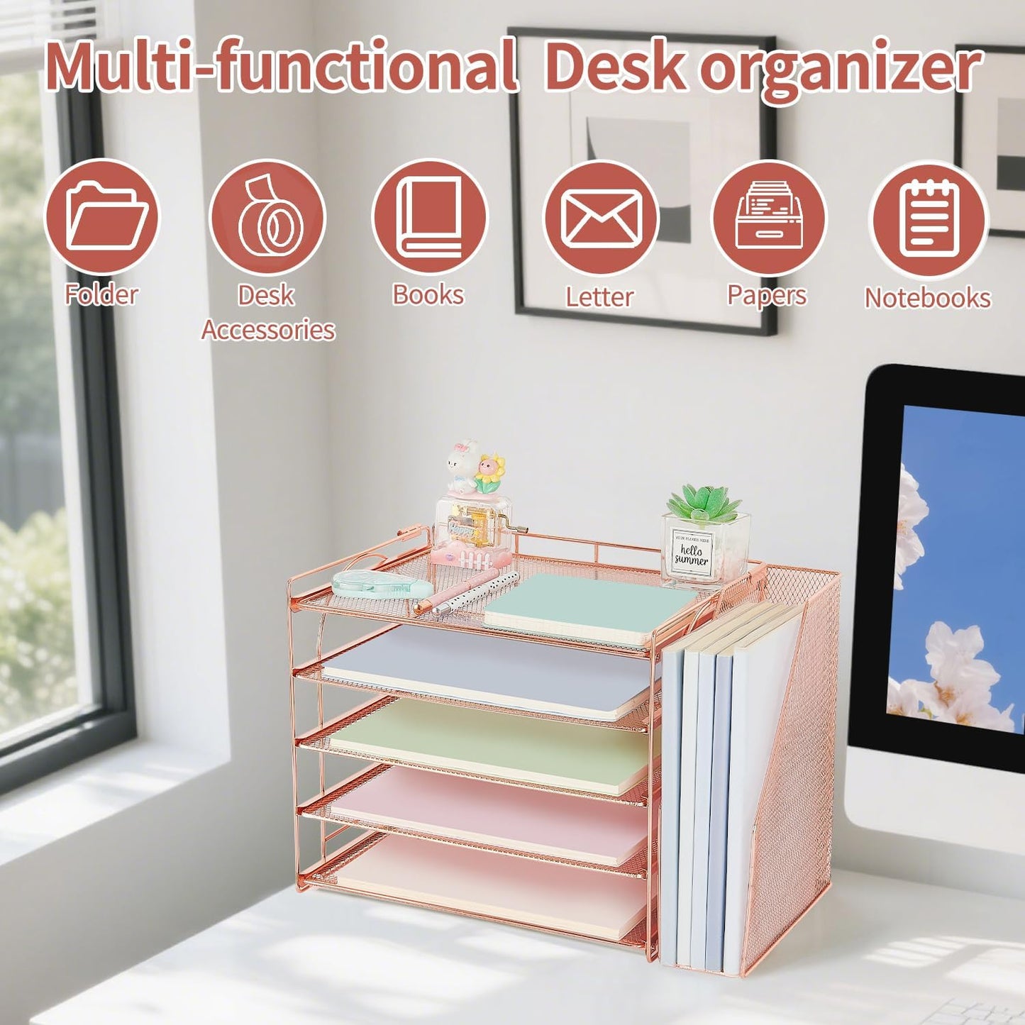 AUPSEN Rose Gold Desk Accessories Organizer,5-Tier Desktop Paper File Organizer with Adjustable File Holder, Office Desk Accessories for Office Supplies