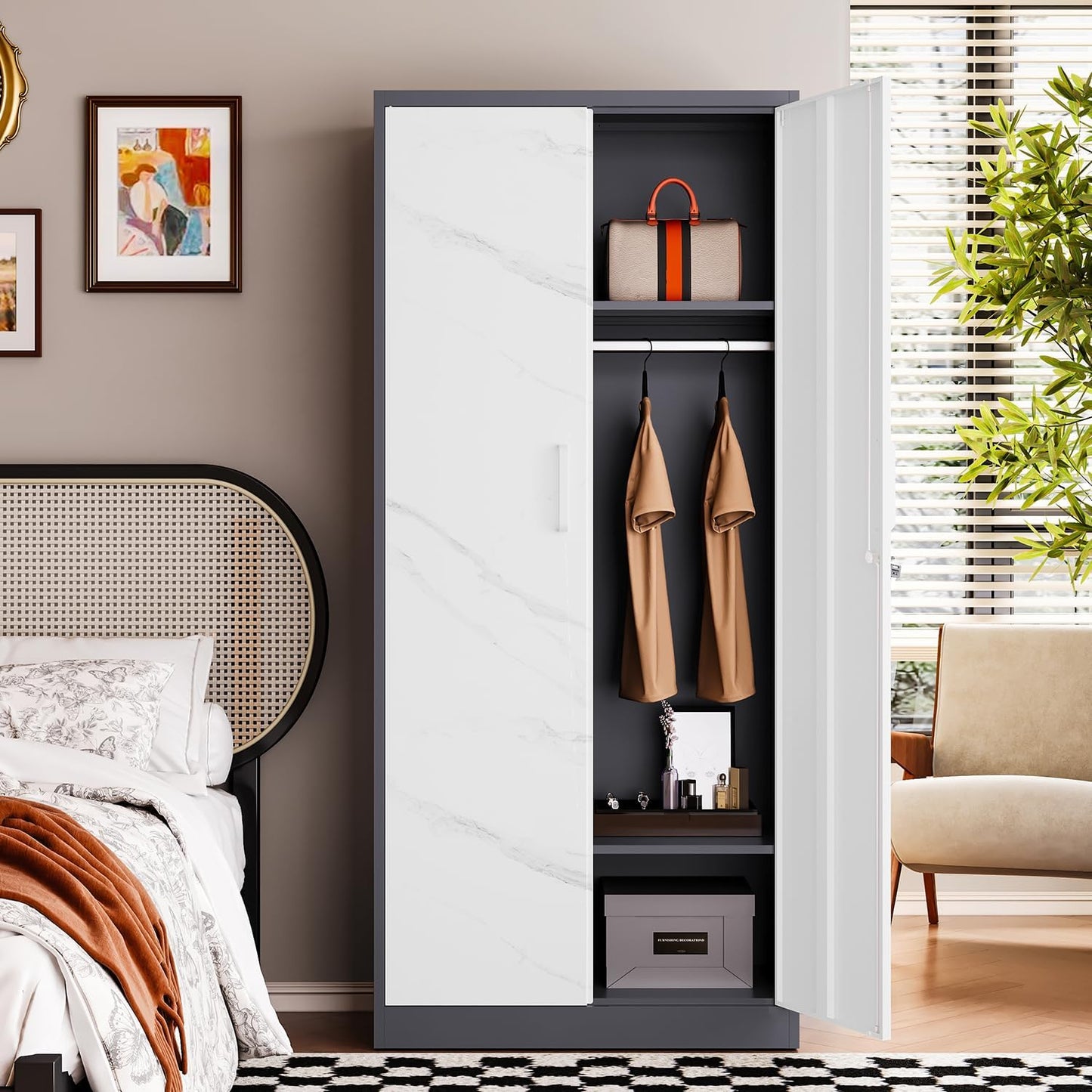 Letaya Wardrobe Closet, 72" H Clothing Storage Cabinet with Adjustable Shelves and Hanging Rod, Bedroom Armoire Clothes Organizer (White Gray)