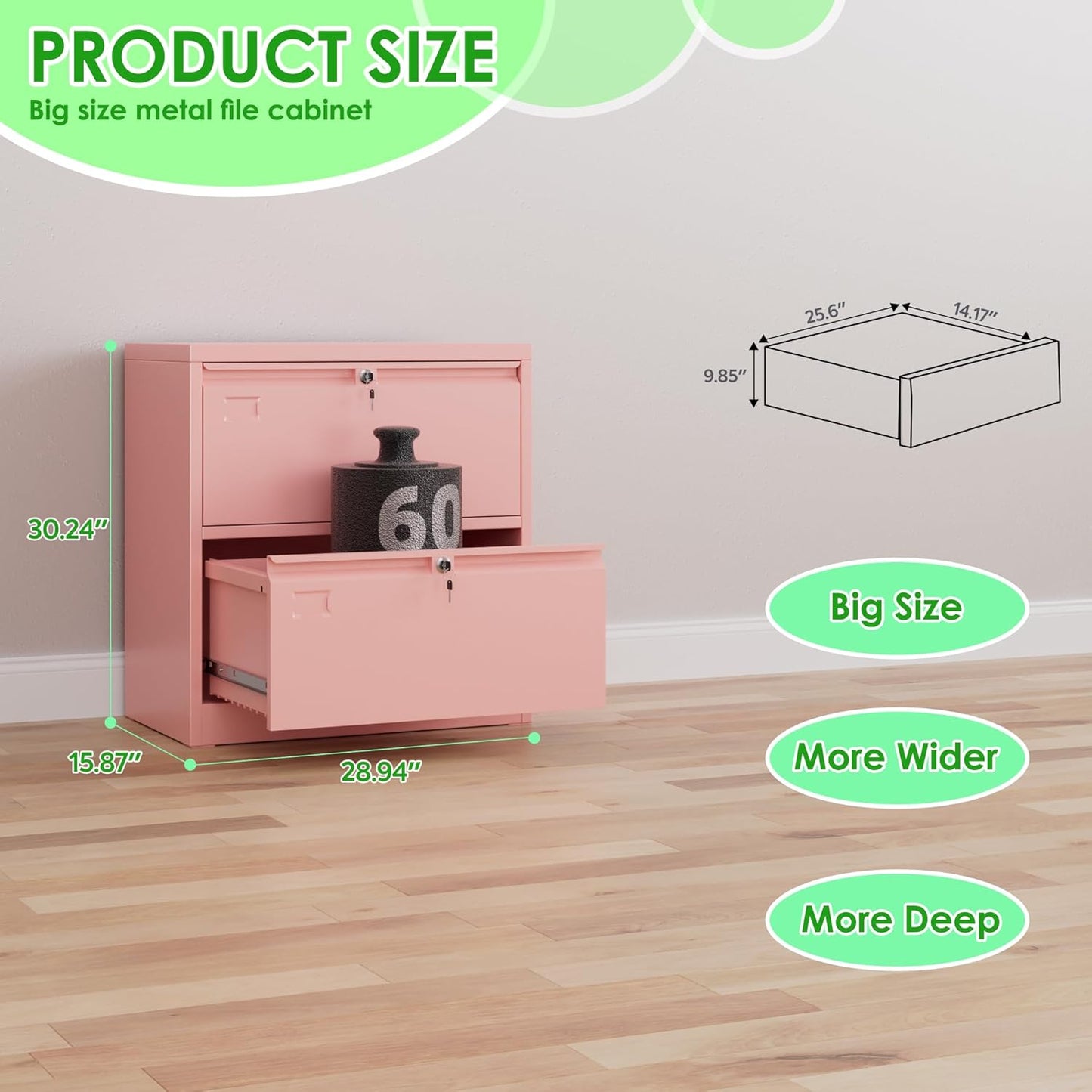 2 Drawer Lateral File Cabinet, Metal Wide Filing Cabinet with Independent Locks, Home Office Furniture for Hanging Files Letter/Legal/F4/A4 Size, Assembly Required, Pink